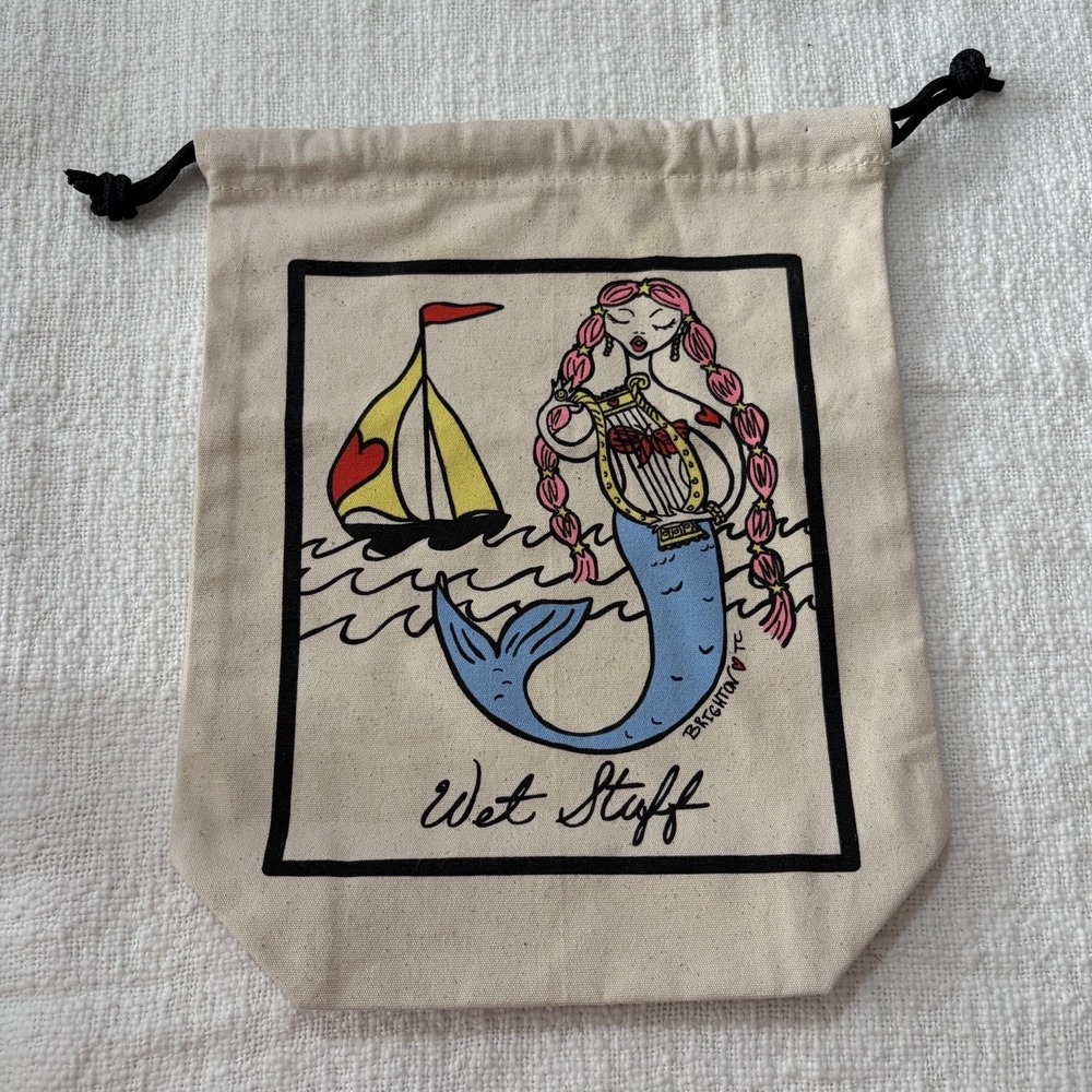 Brighton Canvas Travel Beach Wet Stuff Mermaid Print Drawstring Bag Beige Small